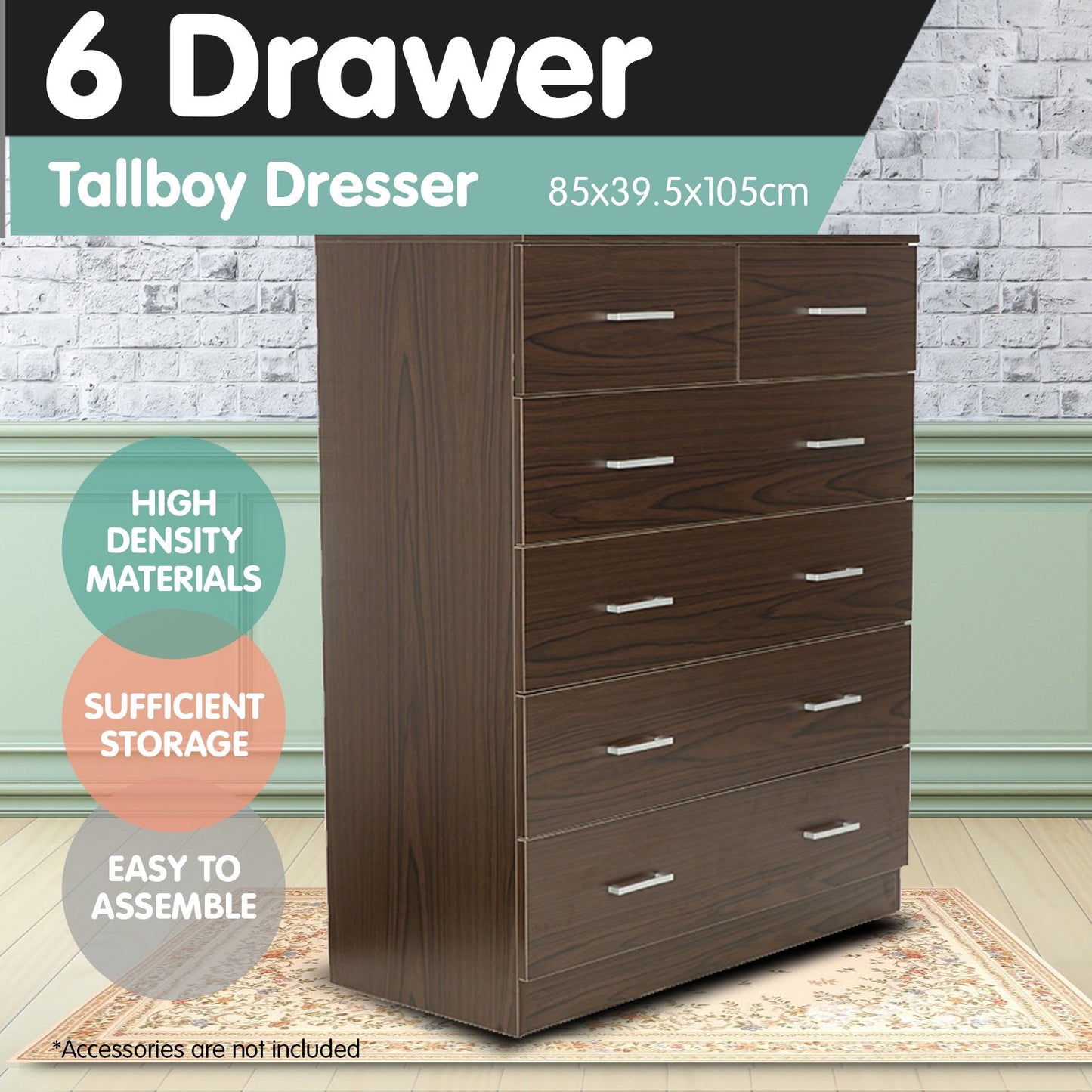 Sarantino Tallboy Dresser 6 Chest Of Drawers Cabinet 85 X 39.5 X 105 - Brown - Cosy Abode