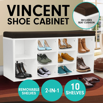 Sarantino Shoe Rack Cabinet Organiser Brown Cushion Bench Stool - 104 X 30 X 45 - White - Cosy Abode