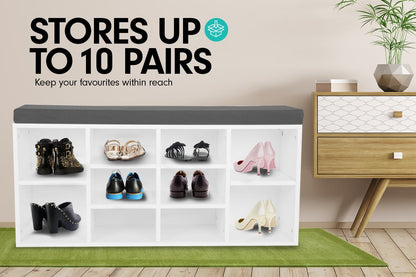 Sarantino Shoe Rack Cabinet Organiser Grey Cushion Sttol Bench Ottoman - 104 X 30 X 45 - White - Cosy Abode