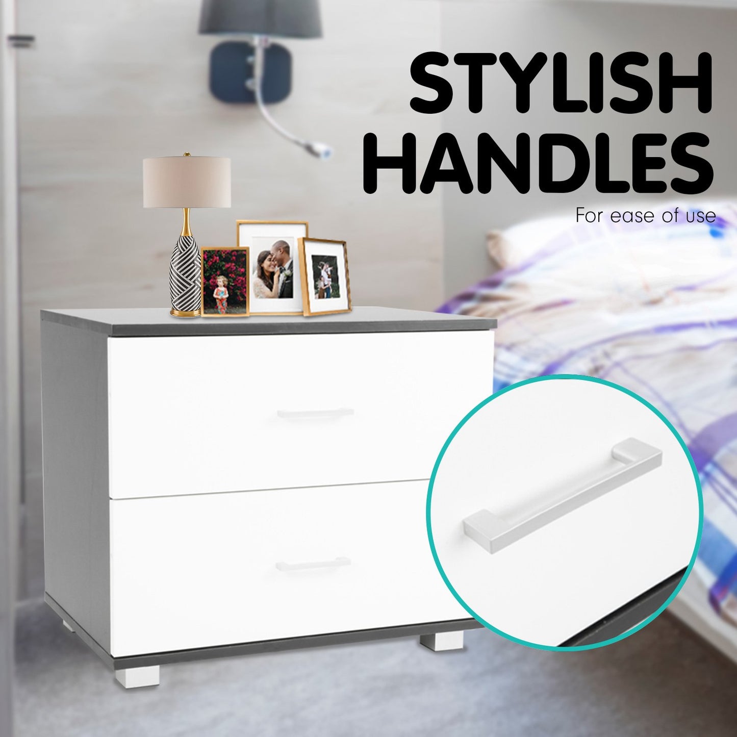 Sarantino Bedside Table Cabinet Storage Chest 2 Drawers Lamp Side Nightstand White Black - Cosy Abode