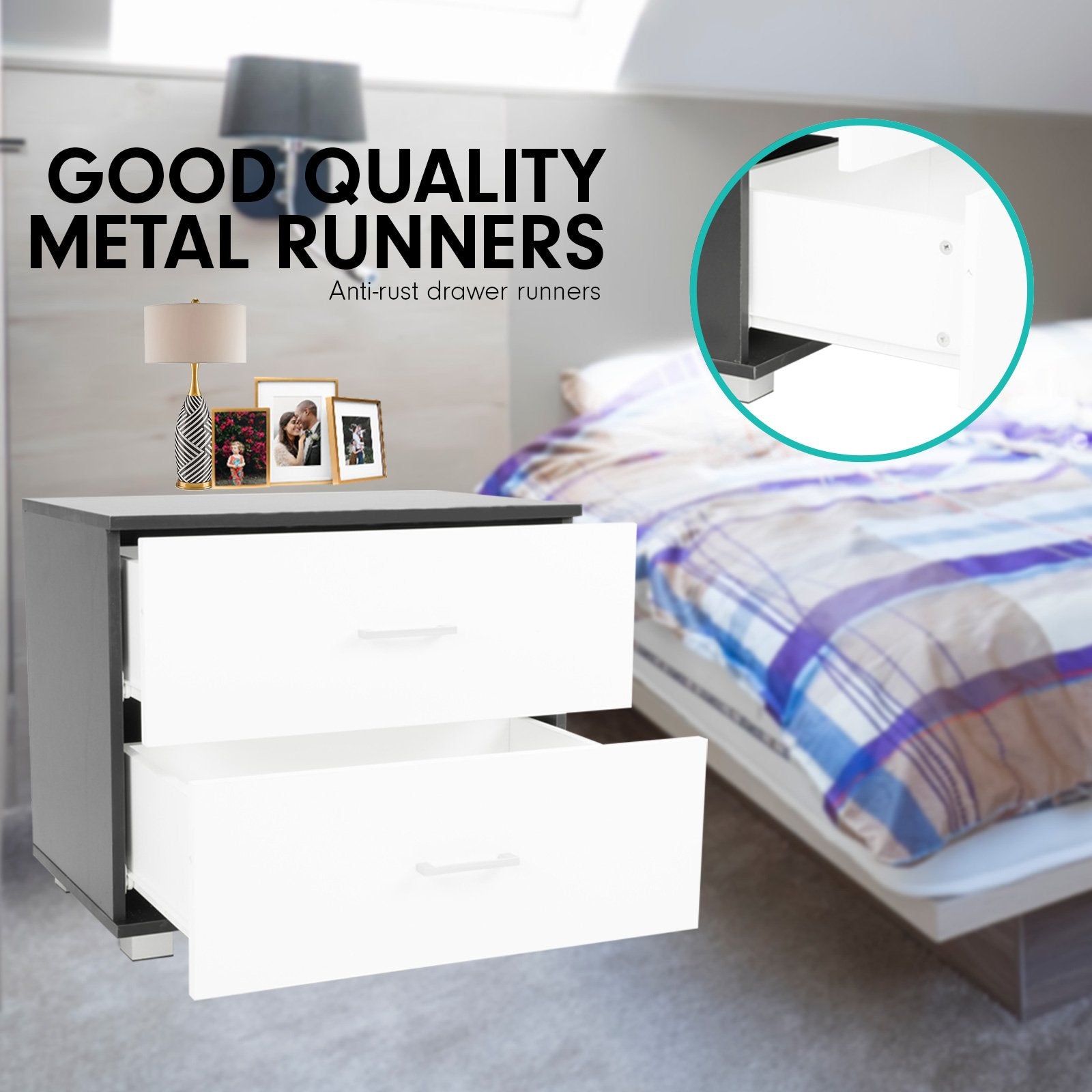 Sarantino Bedside Table Cabinet Storage Chest 2 Drawers Lamp Side Nightstand White Black - Cosy Abode