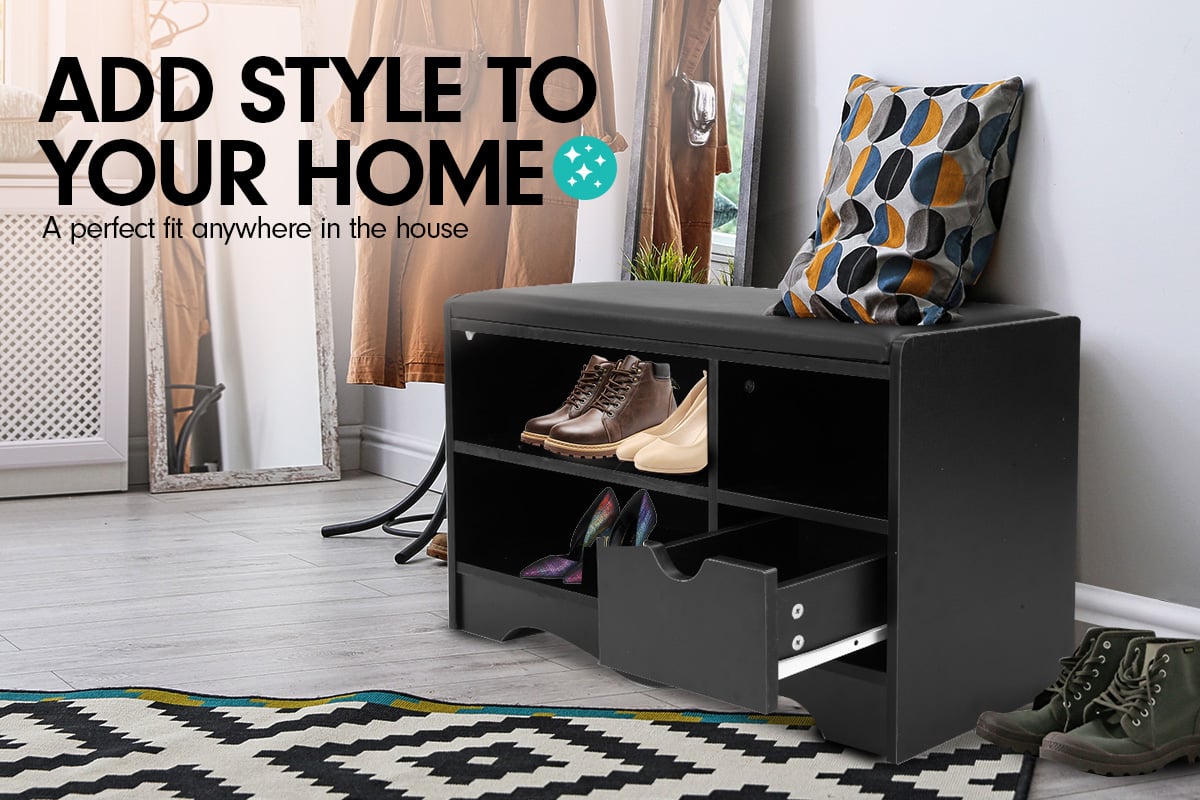 Sarantino Shoe Rack Cabinet Organiser Black Cushion - 80 X 30 X 45 - Black - Cosy Abode