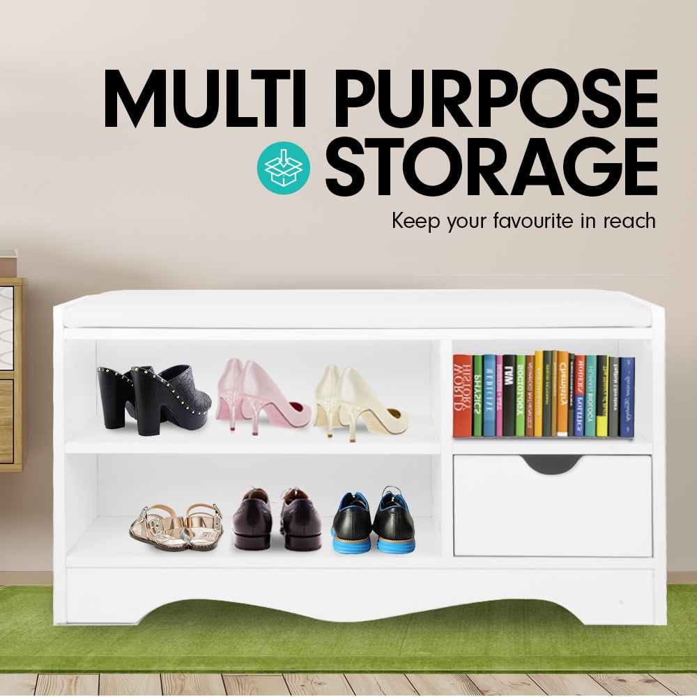 Sarantino Shoe Rack Cabinet Organiser White Cushion Bench Stool Ottoman - 80 X 30 X 45 - White - Cosy Abode