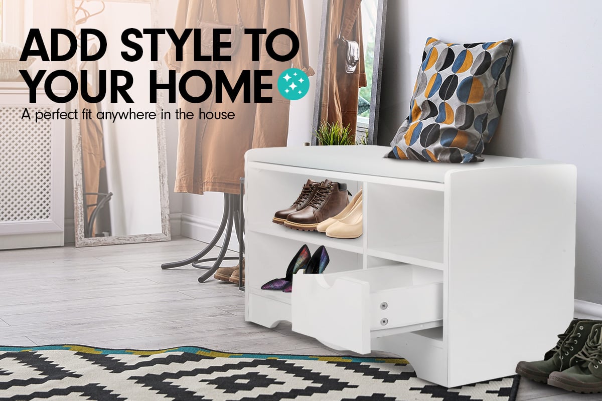 Sarantino Shoe Rack Cabinet Organiser White Cushion Bench Stool Ottoman - 80 X 30 X 45 - White - Cosy Abode