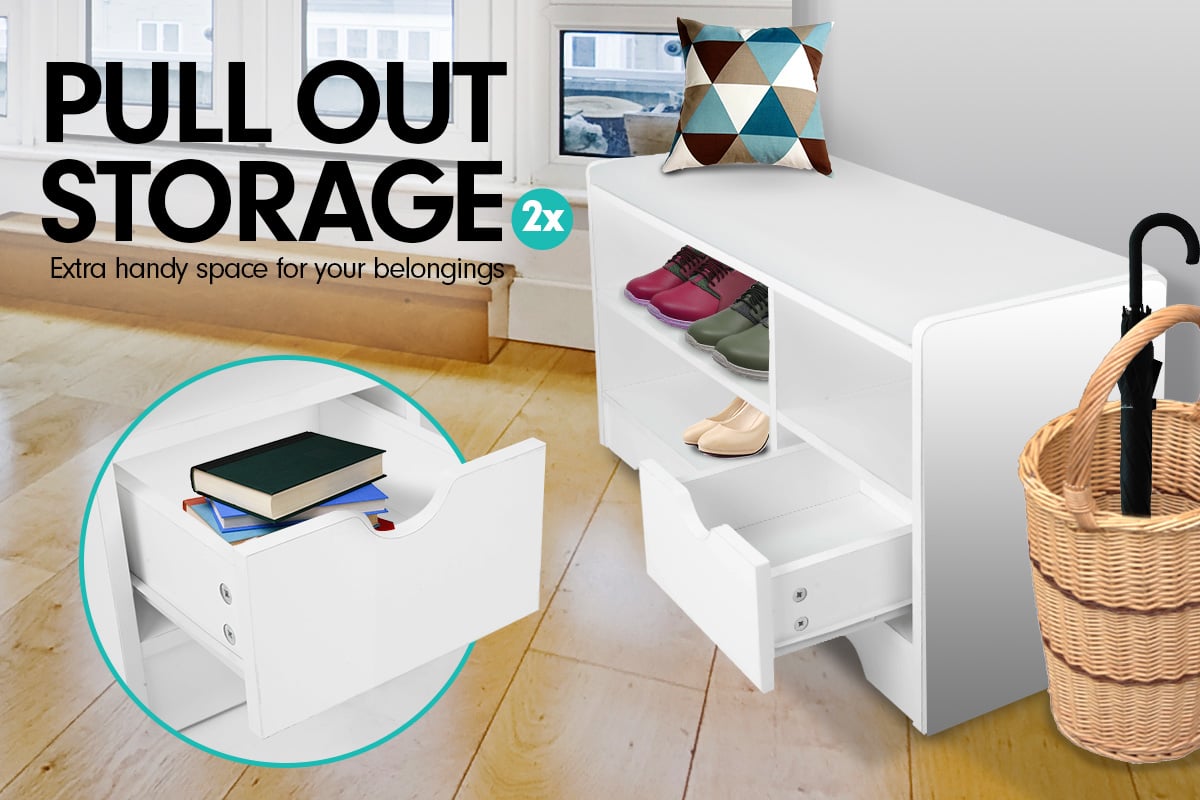Sarantino Shoe Rack Cabinet Organiser White Cushion Bench Stool Ottoman - 80 X 30 X 45 - White - Cosy Abode
