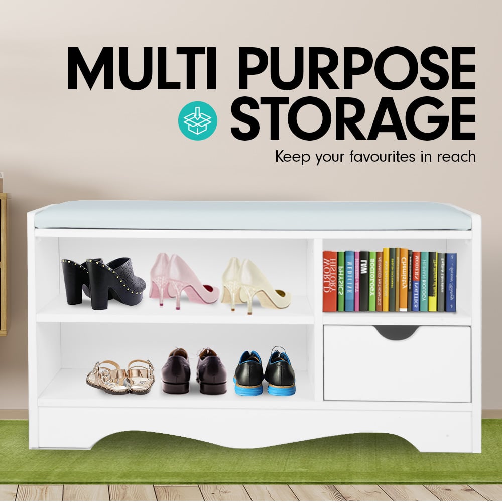 Sarantino Shoe Rack Cabinet Organiser Grey Cushion Stool Bench - 80 X 30 X 45 - White - Cosy Abode