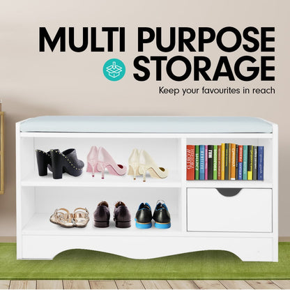 Sarantino Shoe Rack Cabinet Organiser Grey Cushion Stool Bench - 80 X 30 X 45 - White - Cosy Abode