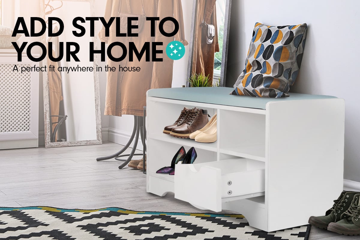 Sarantino Shoe Rack Cabinet Organiser Grey Cushion Stool Bench - 80 X 30 X 45 - White - Cosy Abode