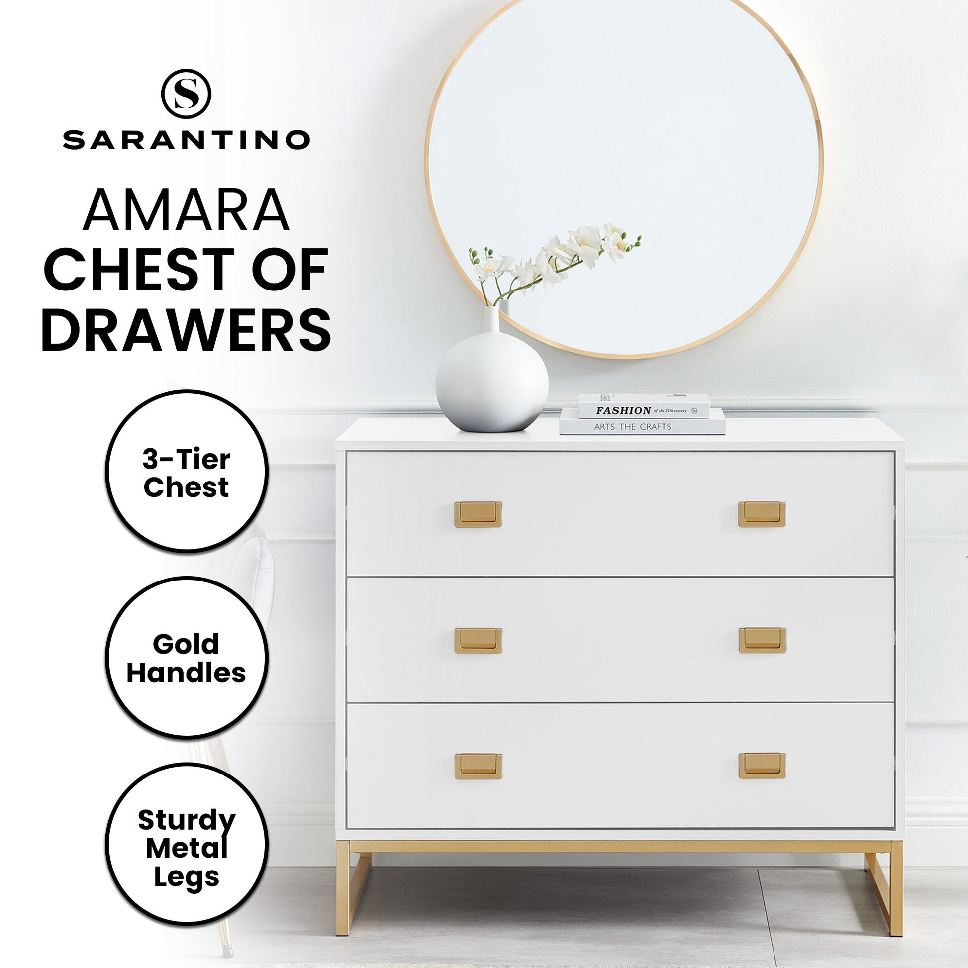 Sarantino Amara Chest Of Drawers Tallboy Dresser - White/gold - Cosy Abode