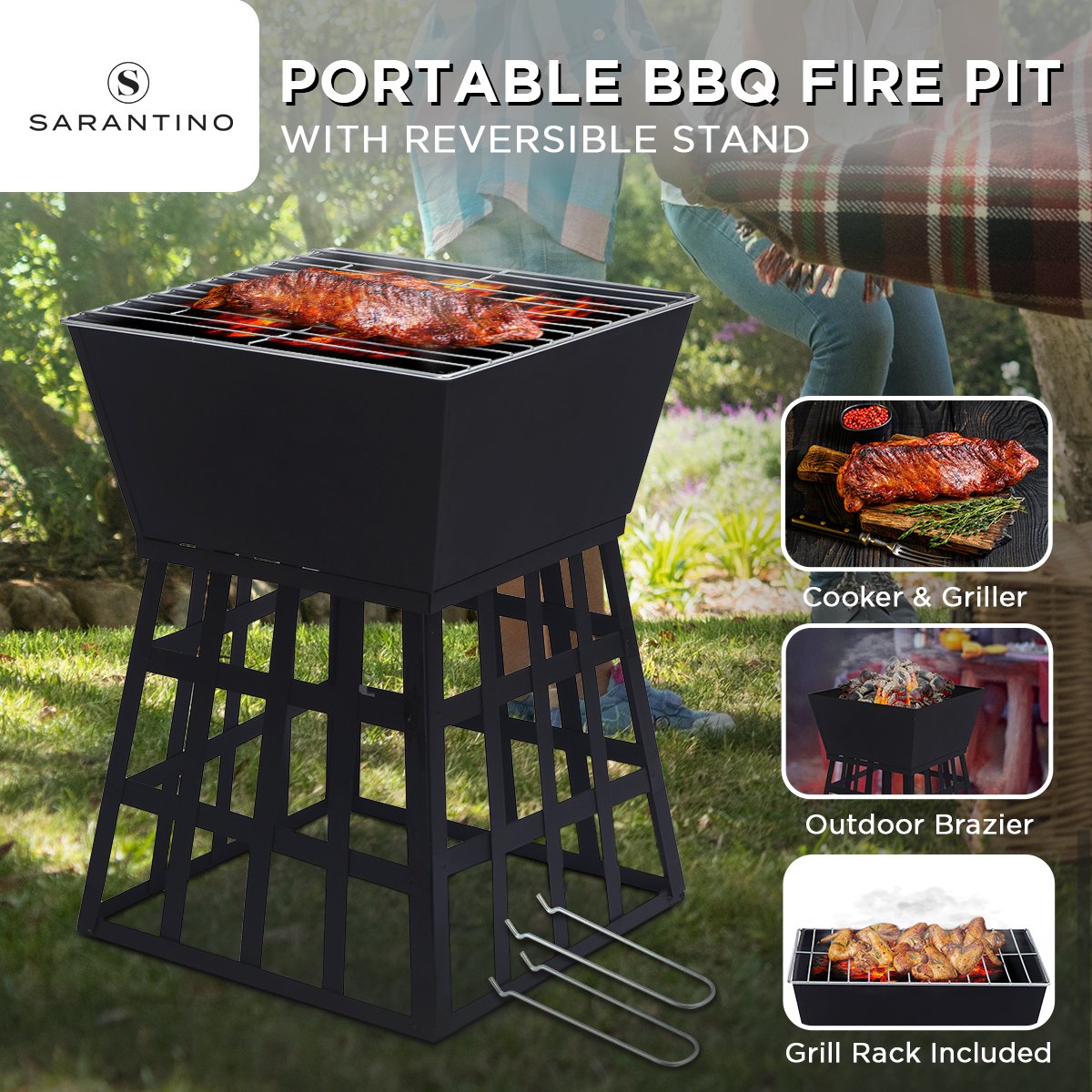 Wallaroo Outdoor Fire Pit for BBQ, Grilling, Cooking, Camping- Portable Brazier with Reversible Stand for Backyard - Cosy Abode