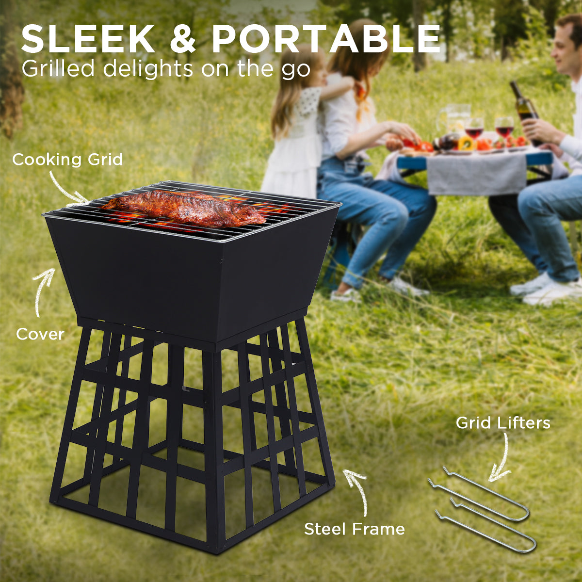 Wallaroo Outdoor Fire Pit for BBQ, Grilling, Cooking, Camping- Portable Brazier with Reversible Stand for Backyard - Cosy Abode