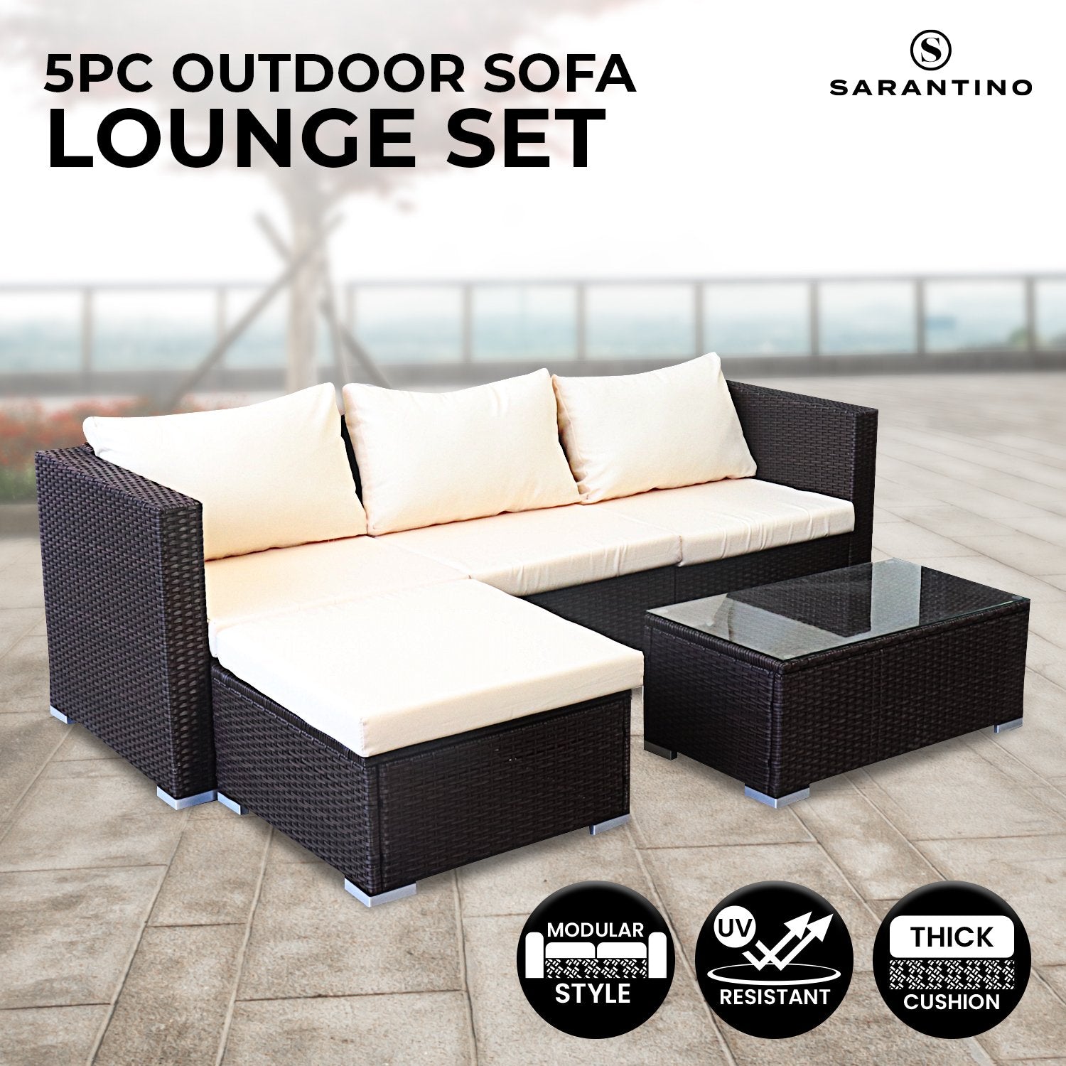 Sarantino 5pc Modular Outdoor Lounge Set PE Rattan - Brown - Cosy Abode