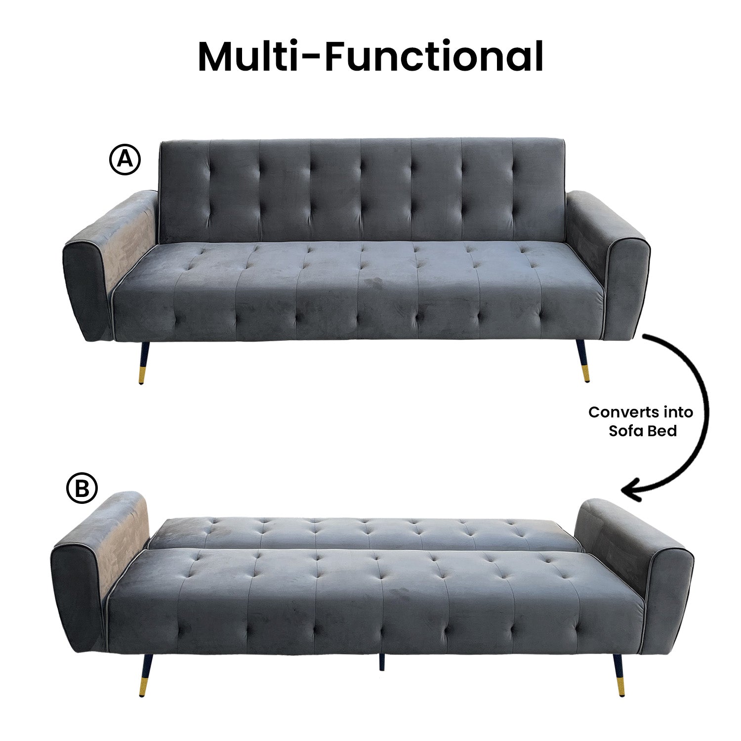 Sarantino Ava 3-seater Tufted Velvet Sofa Bed By Sarantino - Dark Grey - Cosy Abode