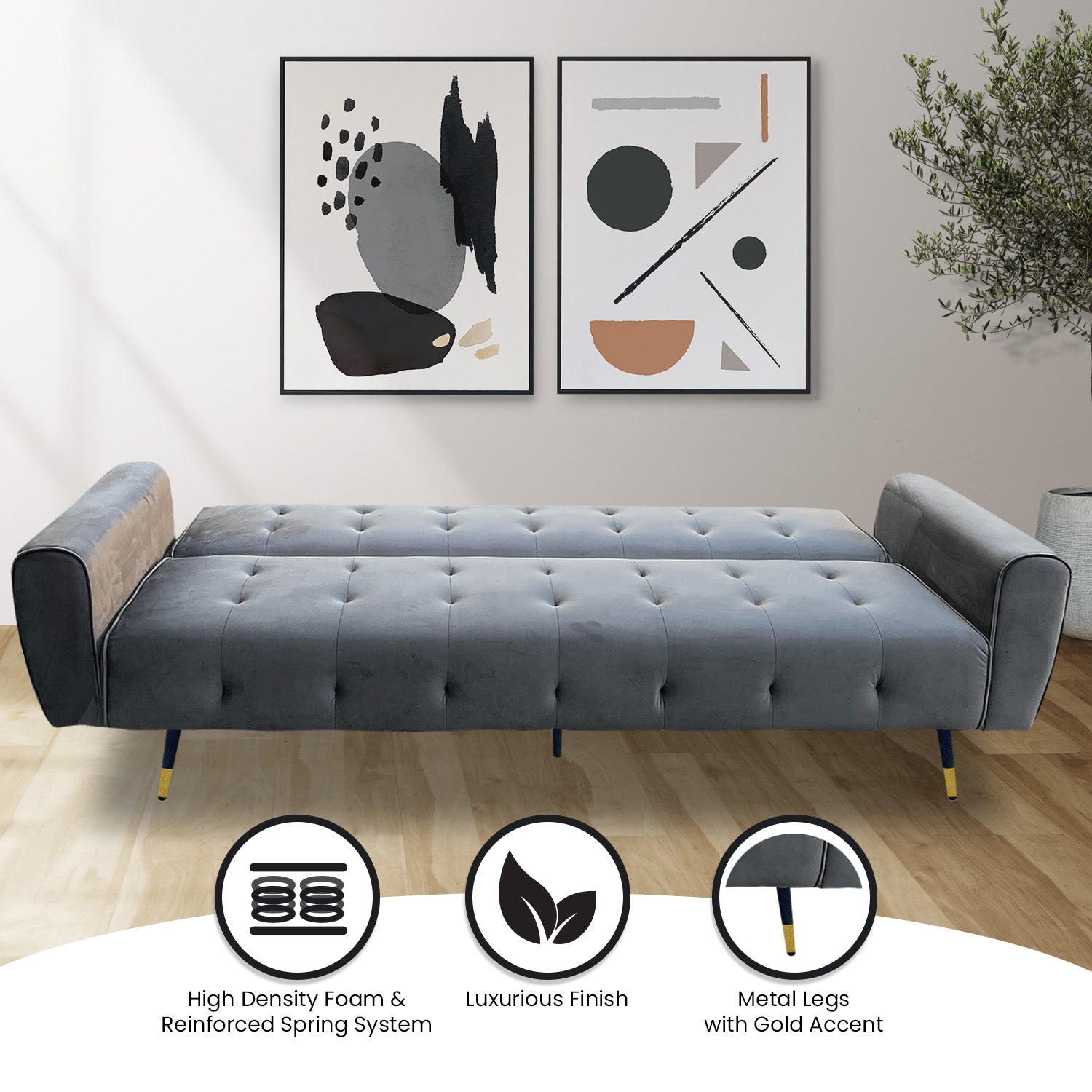 Sarantino Ava 3-seater Tufted Velvet Sofa Bed By Sarantino - Dark Grey - Cosy Abode