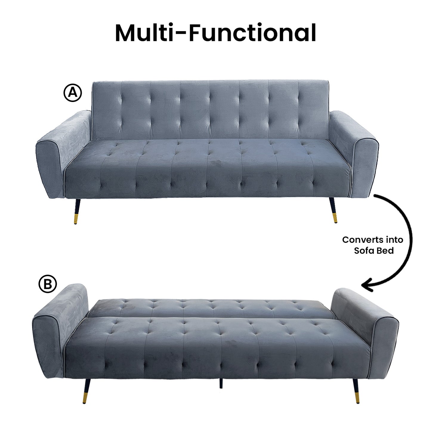 Sarantino Ava 3-seater Tufted Velvet Sofa Bed By Sarantino - Light Grey - Cosy Abode