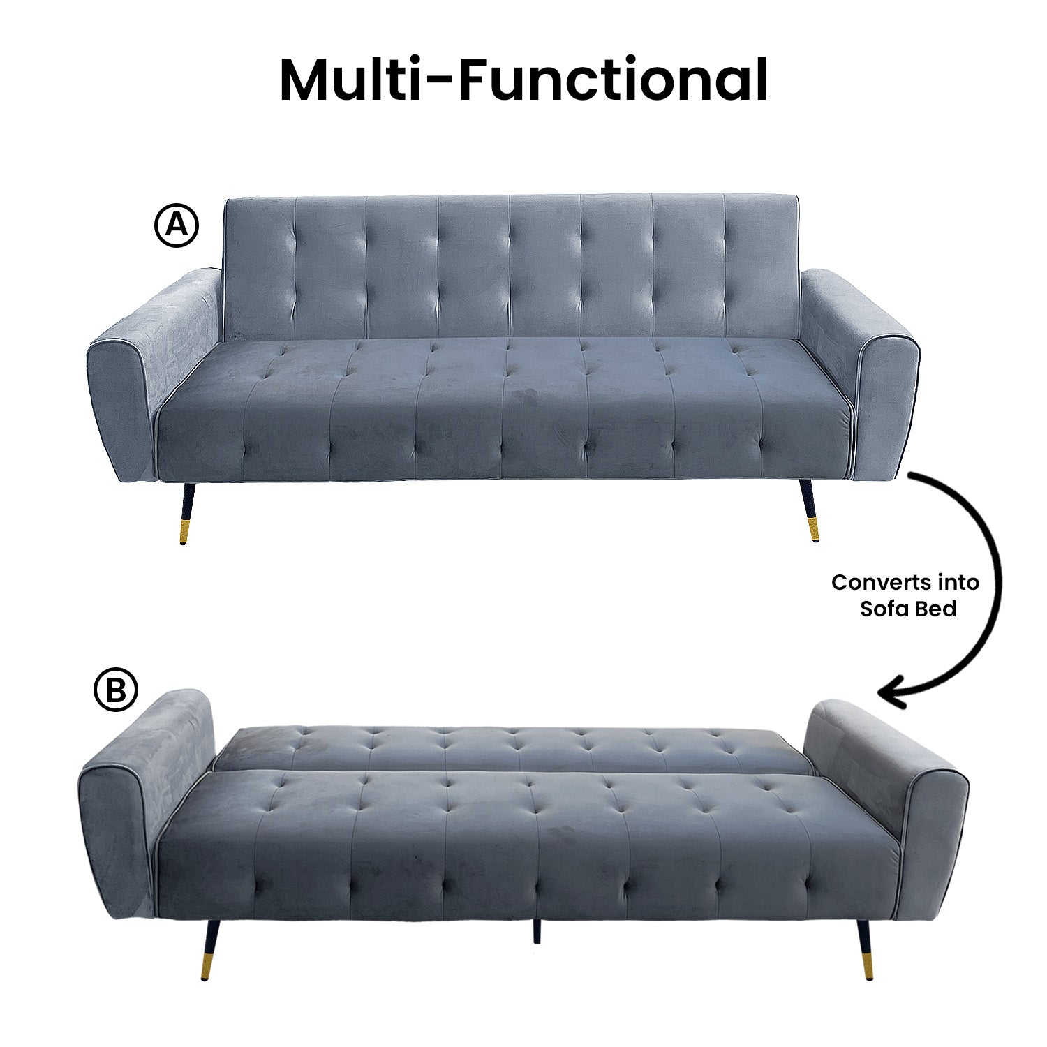 Sarantino Ava 3-seater Tufted Velvet Sofa Bed By Sarantino - Light Grey - Cosy Abode