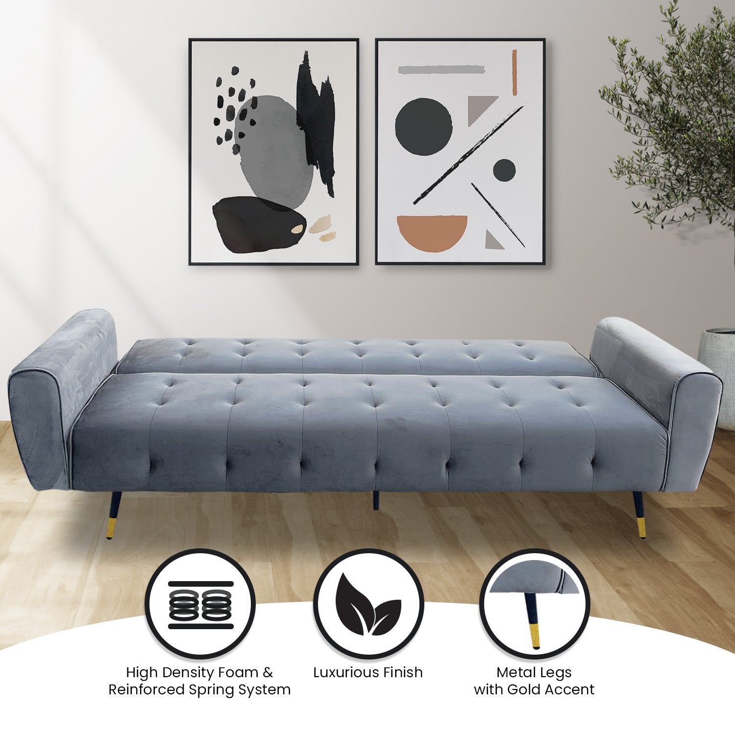 Sarantino Ava 3-seater Tufted Velvet Sofa Bed By Sarantino - Light Grey - Cosy Abode