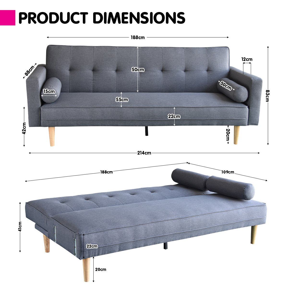 Sarantino Madison Sofa Bed Lounge Couch Futon Furniture Home Dark Grey Linen Suite - Cosy Abode