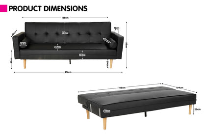 Sarantino Madison Faux Leather Sofa Bed Lounge Couch Futon Furniture Home Suite - Black - Cosy Abode