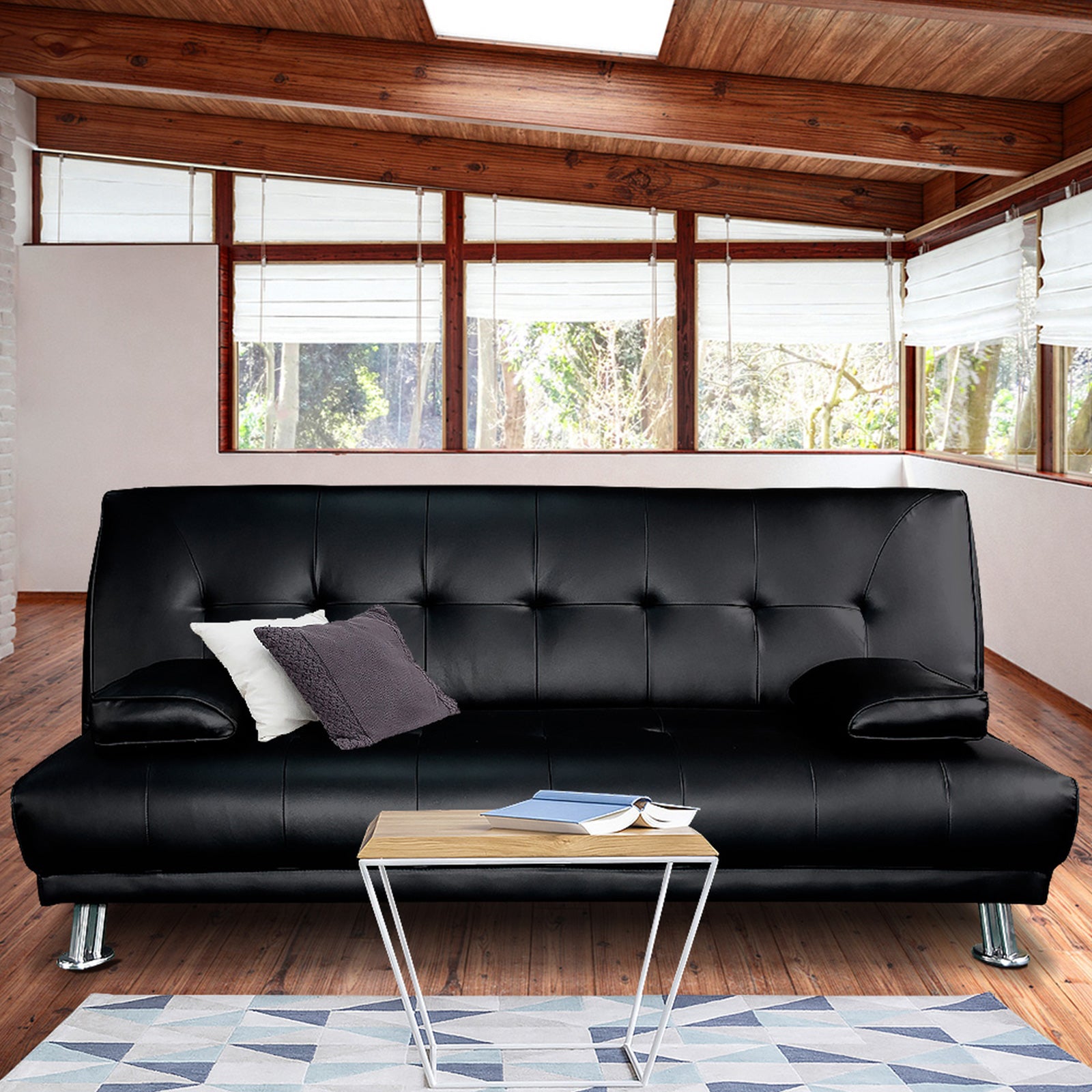 Sarantino Manhattan Sofa Bed Faux Leather Lounge Couch Futon Furniture Suite - Black - Cosy Abode