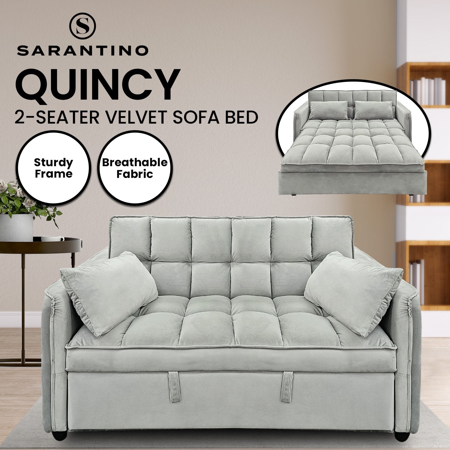 Sarantino Quincy 2-Seater Velvet Sofa Bed in Dark Grey with Wooden Frame and Tufted Design - Light Grey - Cosy Abode