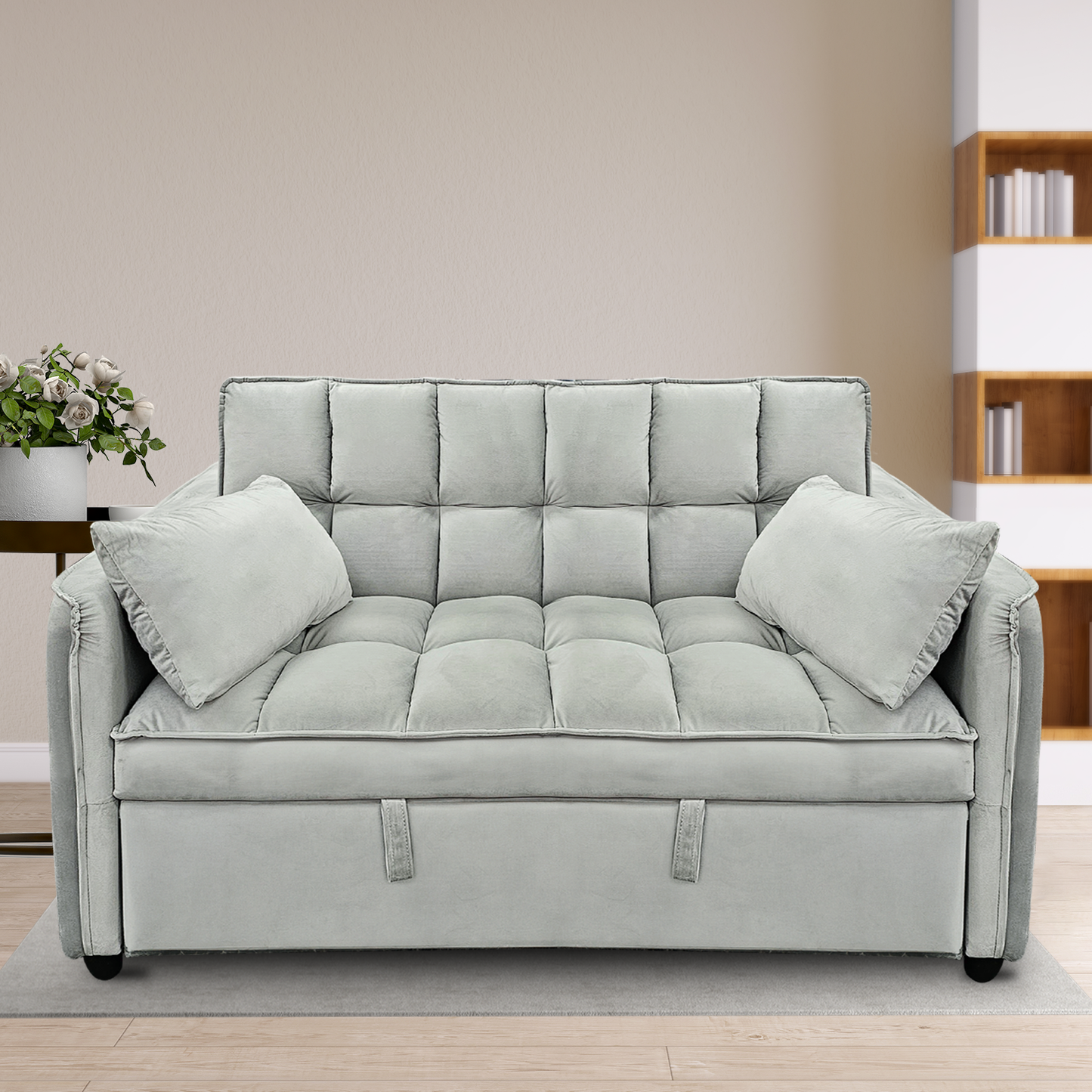 Sarantino Quincy 2-Seater Velvet Sofa Bed in Dark Grey with Wooden Frame and Tufted Design - Light Grey - Cosy Abode