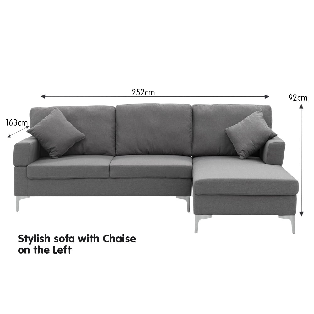 Sarantino 3 Seater Linen Sofa Lounge Left Side Chaise Couch Furniture Dark Grey L-shaped - Cosy Abode