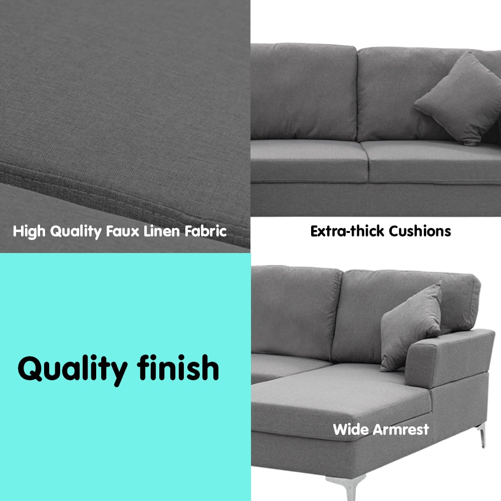 Sarantino 3 Seater Linen Sofa Lounge Left Side Chaise Couch Furniture Dark Grey L-shaped - Cosy Abode