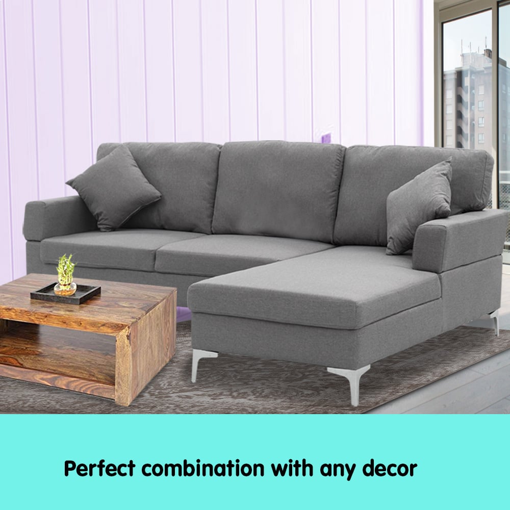 Sarantino 3 Seater Linen Sofa Lounge Left Side Chaise Couch Furniture Dark Grey L-shaped - Cosy Abode