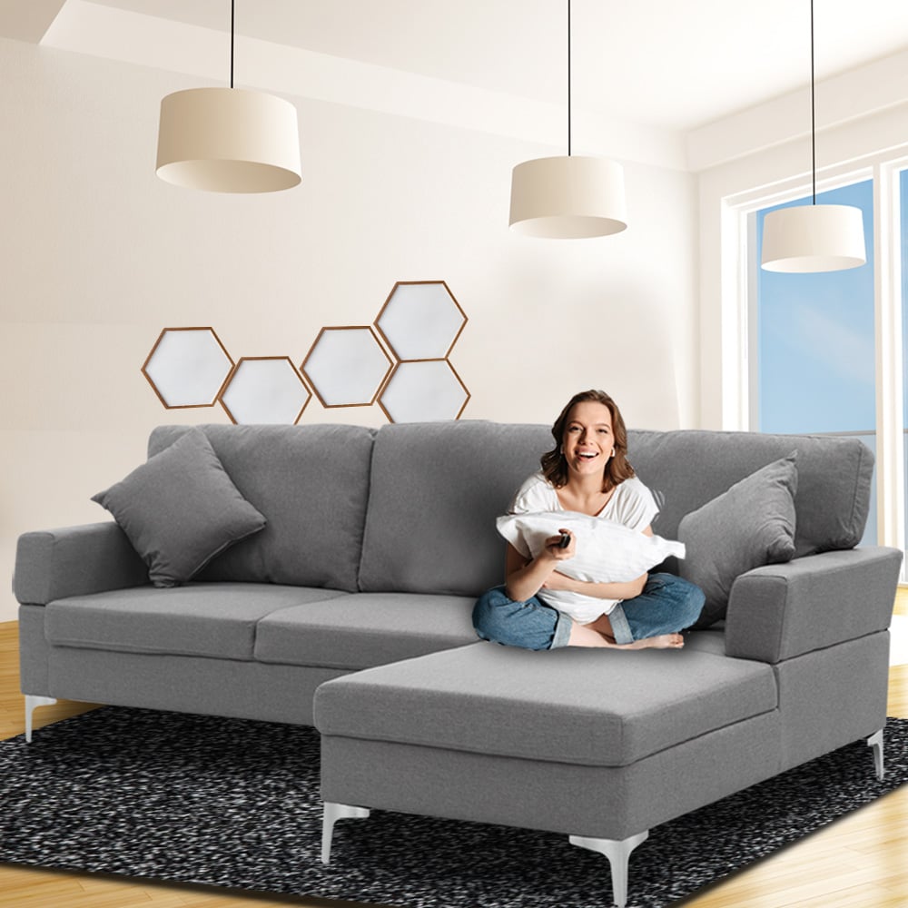 Sarantino 3 Seater Linen Sofa Lounge Left Side Chaise Couch Furniture Dark Grey L-shaped - Cosy Abode