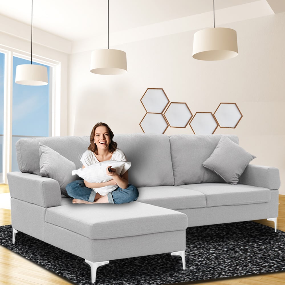 Sarantino Linen Corner Sofa Couch Lounge L-shape W/right Chaise Seat Light Grey - Cosy Abode