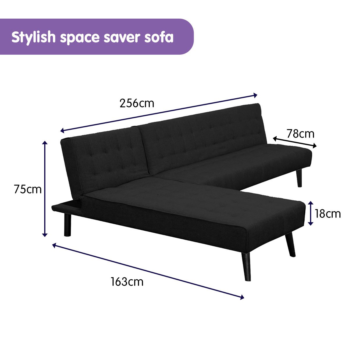 Sarantino 3-seater Corner Sofa Bed With Lounge Chaise Couch Furniture Black - Cosy Abode