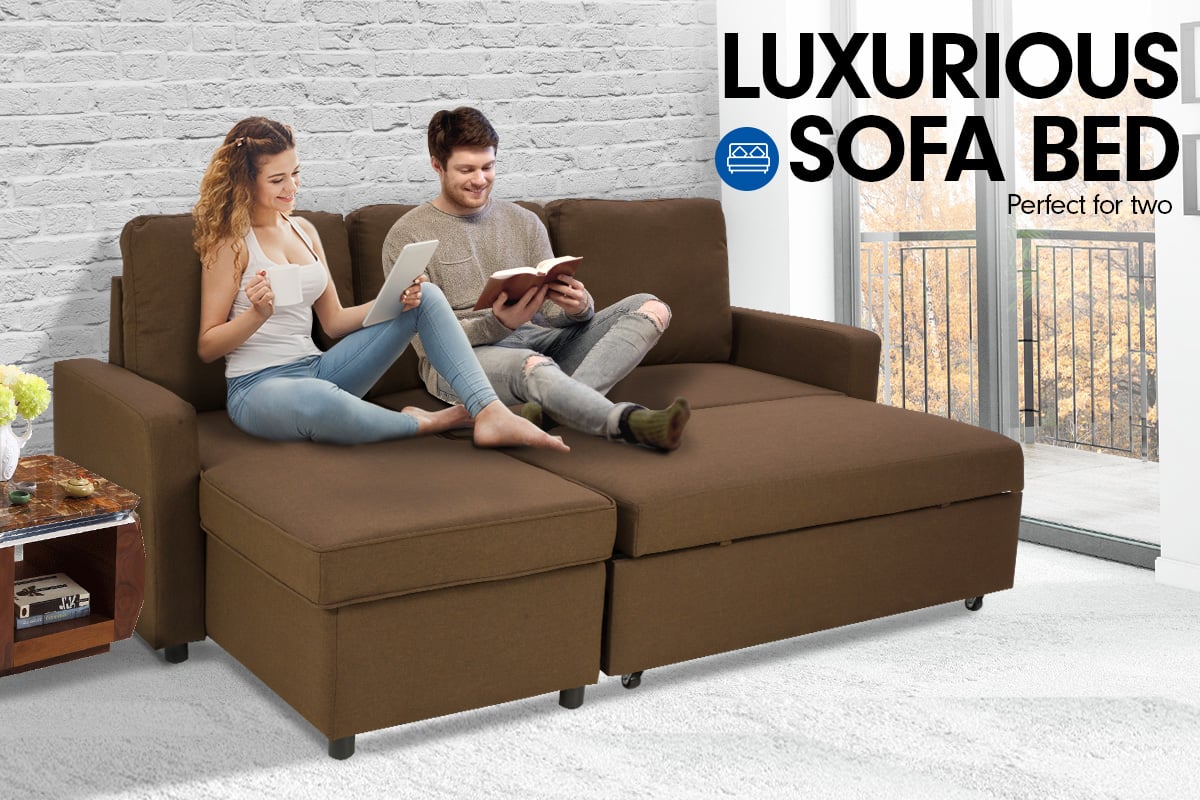 Sarantino Corner Sofa Linen Lounge Couch L-shaped Modular Furniture Chaise Brown - Cosy Abode