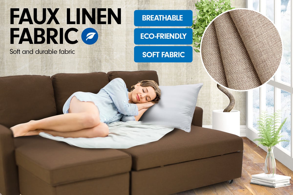 Sarantino Corner Sofa Linen Lounge Couch L-shaped Modular Furniture Chaise Brown - Cosy Abode