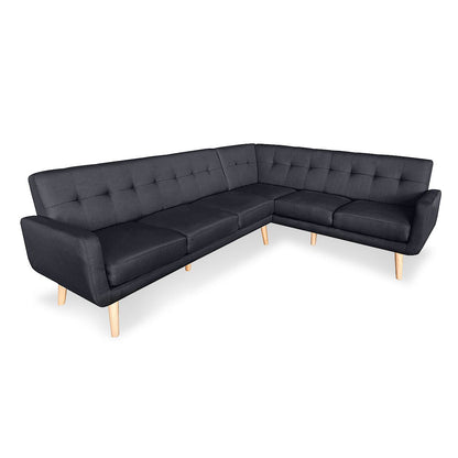 Sarantino Faux Linen Corner Wooden Sofa Lounge L-shaped with Chaise - Black - Cosy Abode