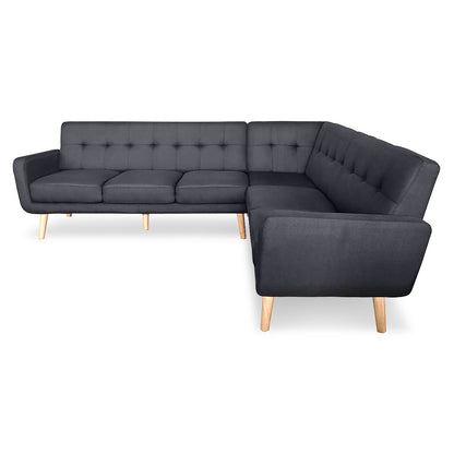 Sarantino Faux Linen Corner Wooden Sofa Lounge L-shaped with Chaise - Black - Cosy Abode