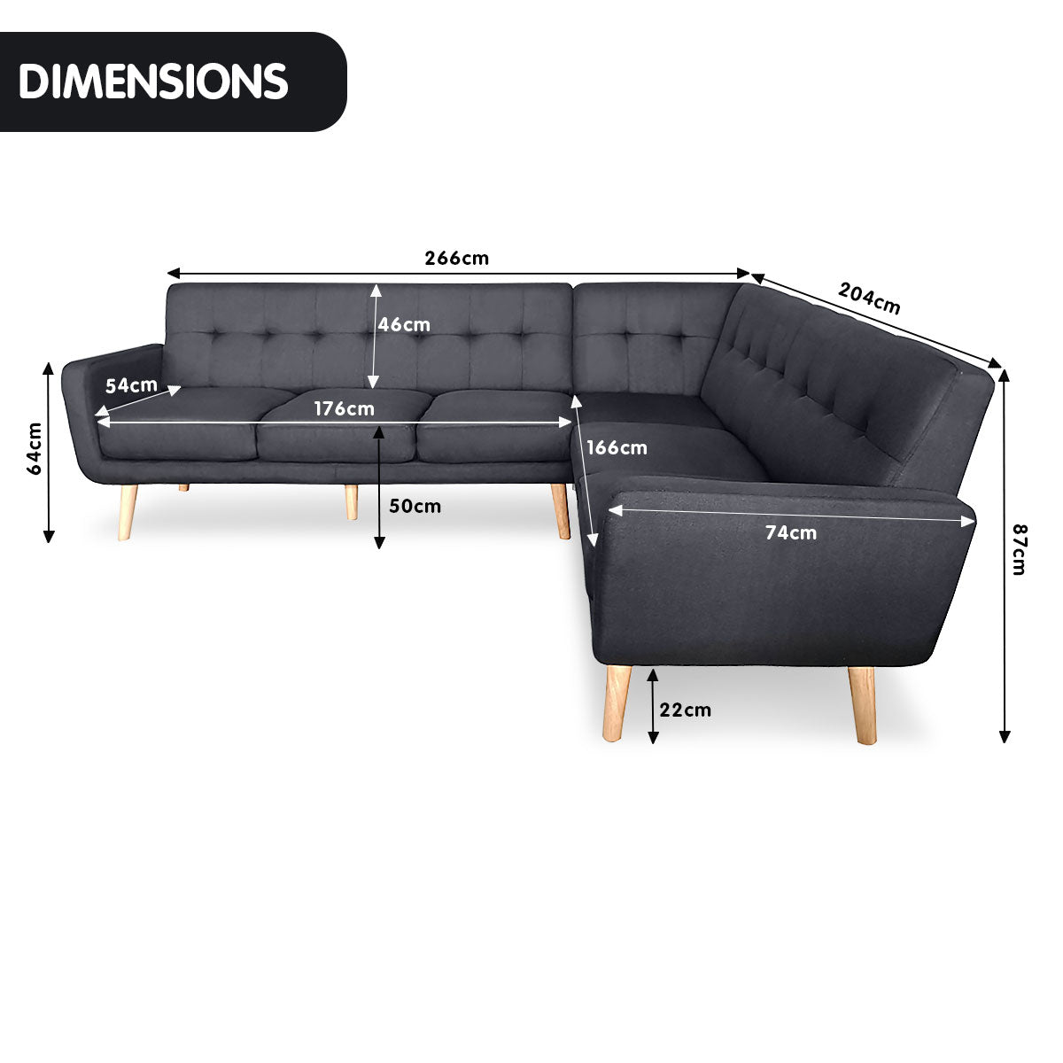 Sarantino Faux Linen Corner Wooden Sofa Lounge L-shaped with Chaise - Black - Cosy Abode