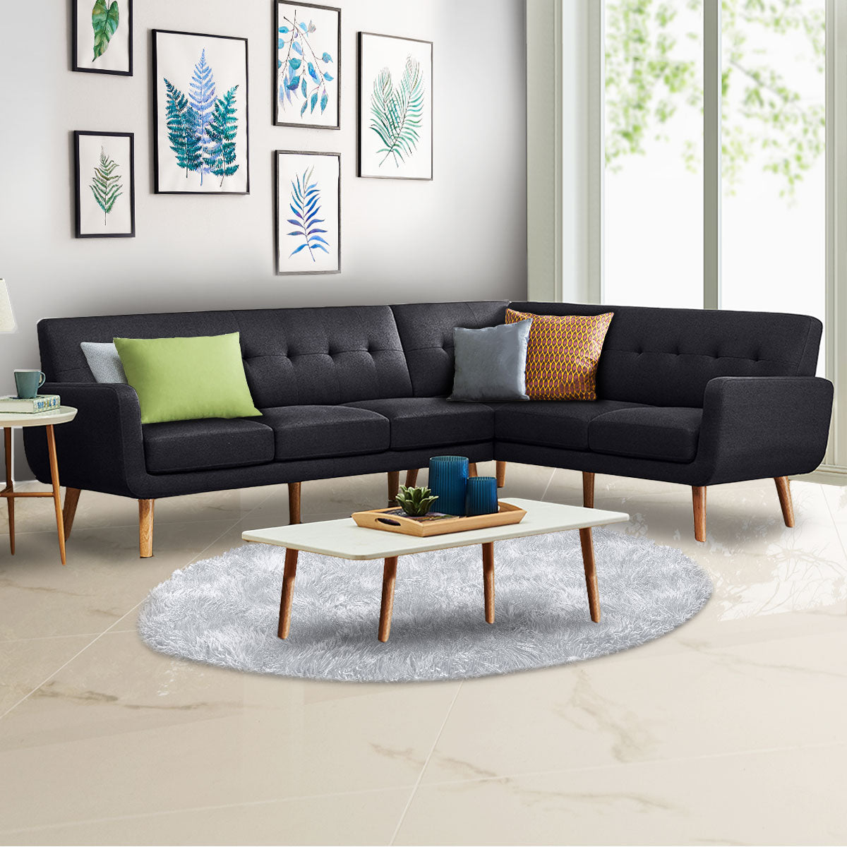 Sarantino Faux Linen Corner Wooden Sofa Lounge L-shaped with Chaise - Black - Cosy Abode