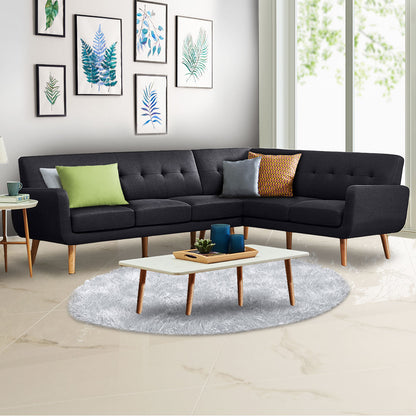 Sarantino Faux Linen Corner Wooden Sofa Lounge L-shaped with Chaise - Black - Cosy Abode