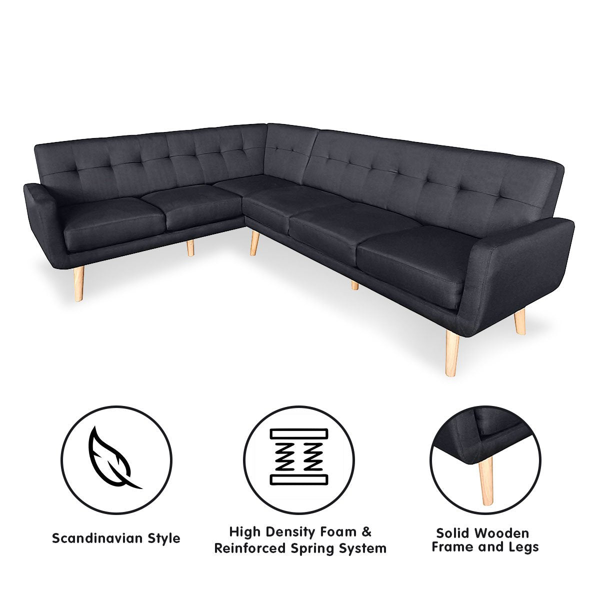 Sarantino Faux Linen Corner Wooden Sofa Futon Lounge L-shaped with Chaise - Black - Cosy Abode