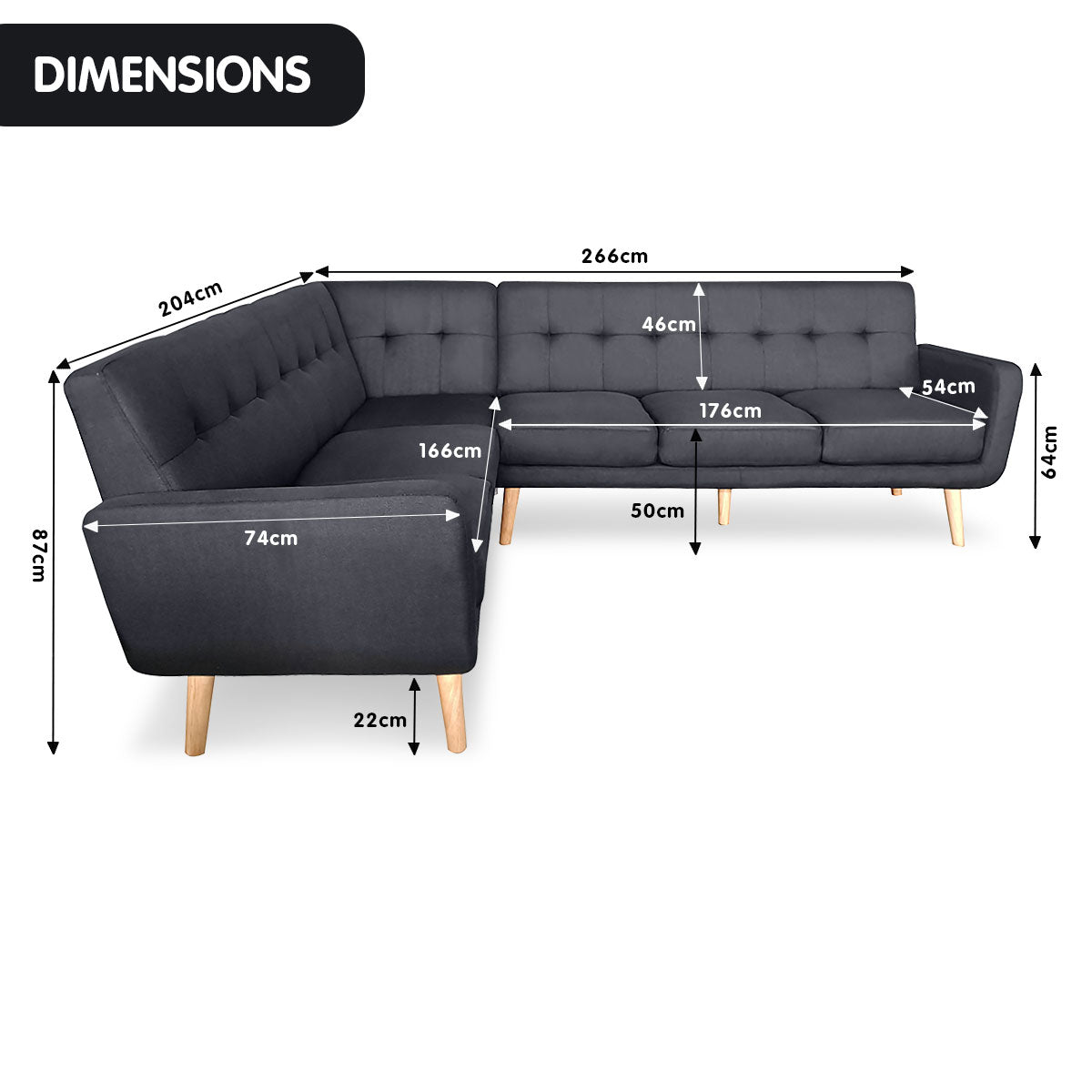 Sarantino Faux Linen Corner Wooden Sofa Futon Lounge L-shaped with Chaise - Black - Cosy Abode
