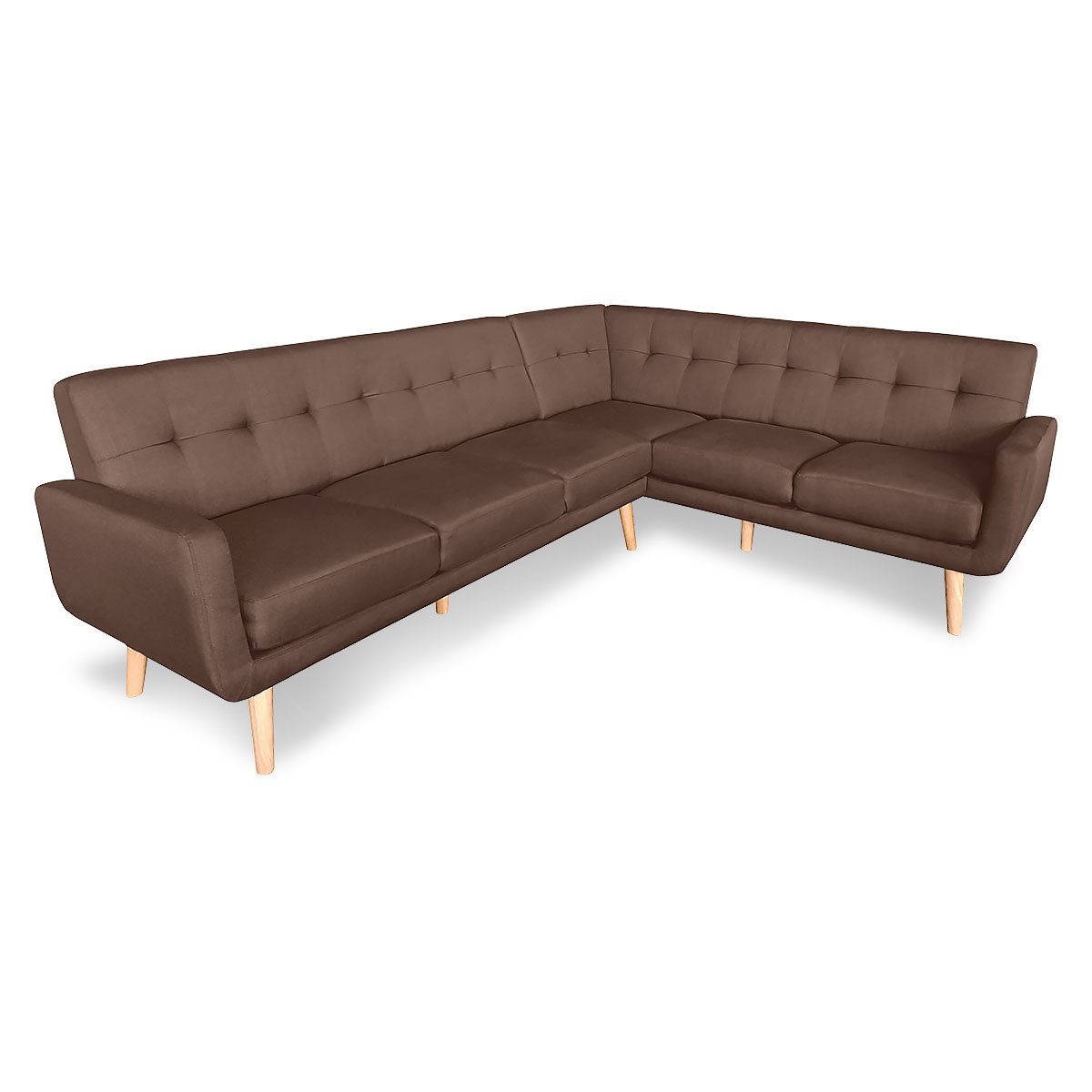 Sarantino Faux Linen Corner Wooden Sofa Lounge L-shaped with Chaise - Brown - Cosy Abode