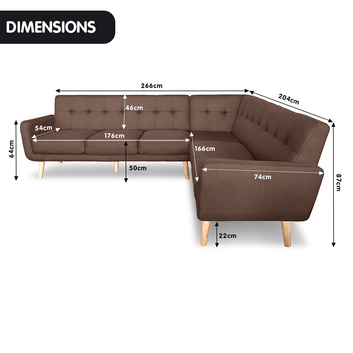 Sarantino Faux Linen Corner Wooden Sofa Lounge L-shaped with Chaise - Brown - Cosy Abode
