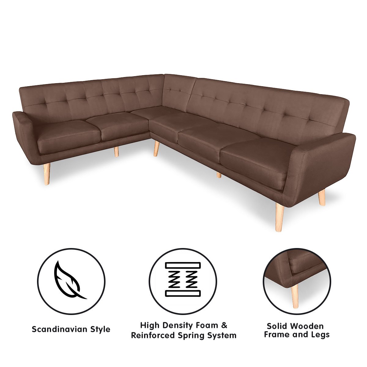 Sarantino Faux Linen Corner Wooden Sofa Lounge L-shaped Futon with Chaise - Brown - Cosy Abode