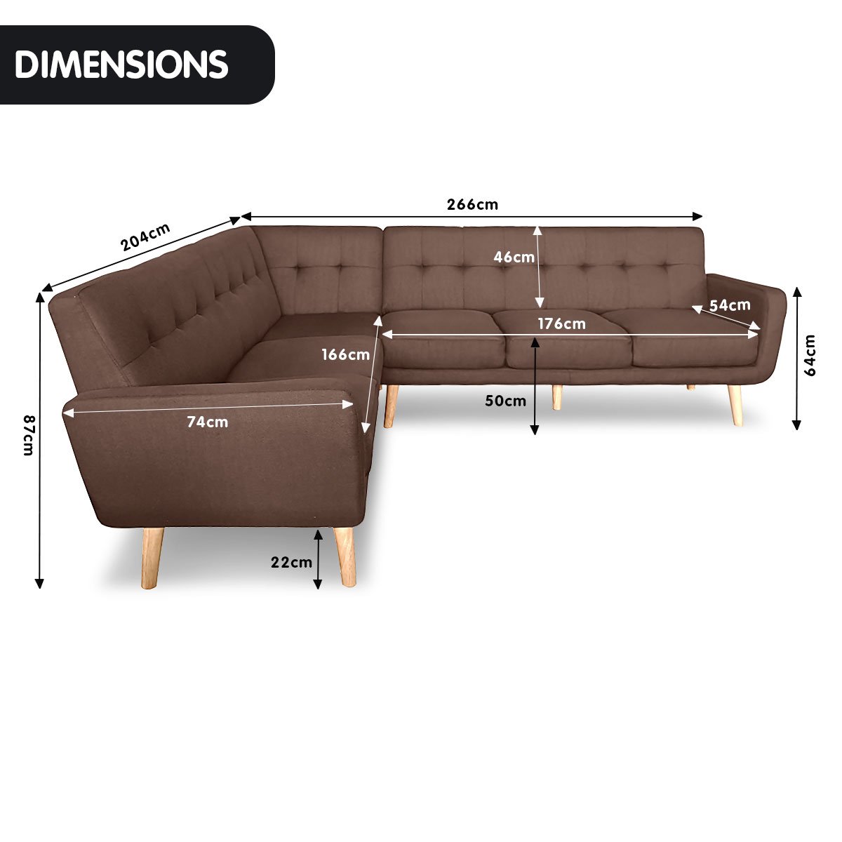 Sarantino Faux Linen Corner Wooden Sofa Lounge L-shaped Futon with Chaise - Brown - Cosy Abode