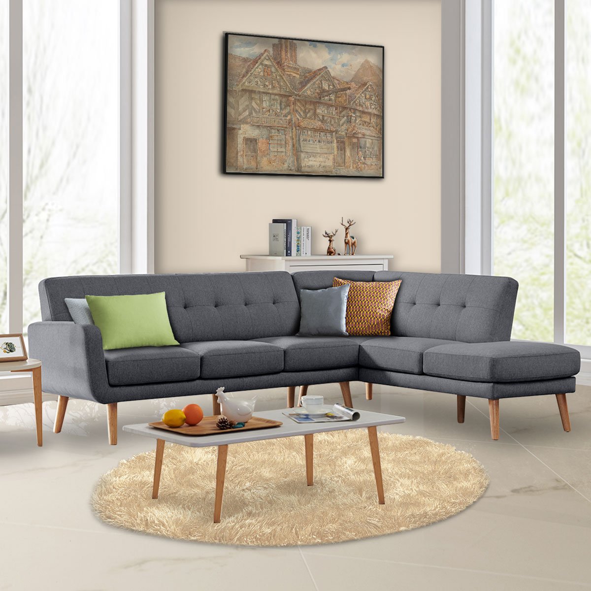 Sarantino Faux Linen Corner Sofa Lounge L-shaped with Chaise Dark Grey - Cosy Abode