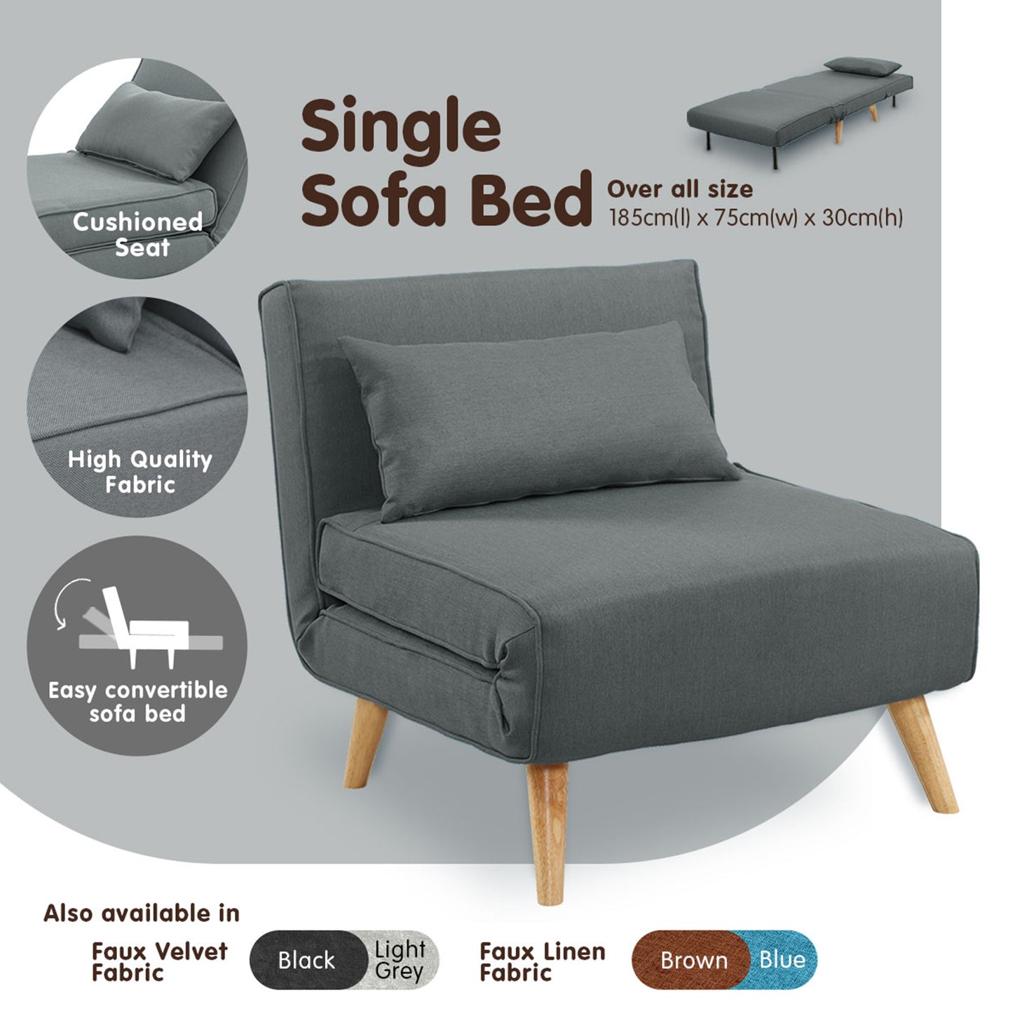 Sarantino Adjustable Chair Single Sofa Bed Faux Linen - Dark Grey - Cosy Abode