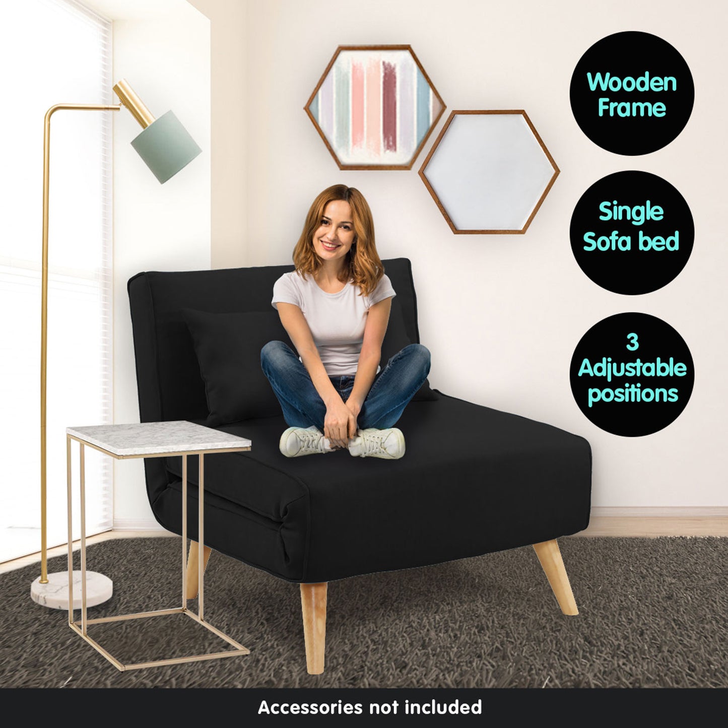 Sarantino Adjustable Chair Single Sofa Bed Faux Velvet - Black - Cosy Abode