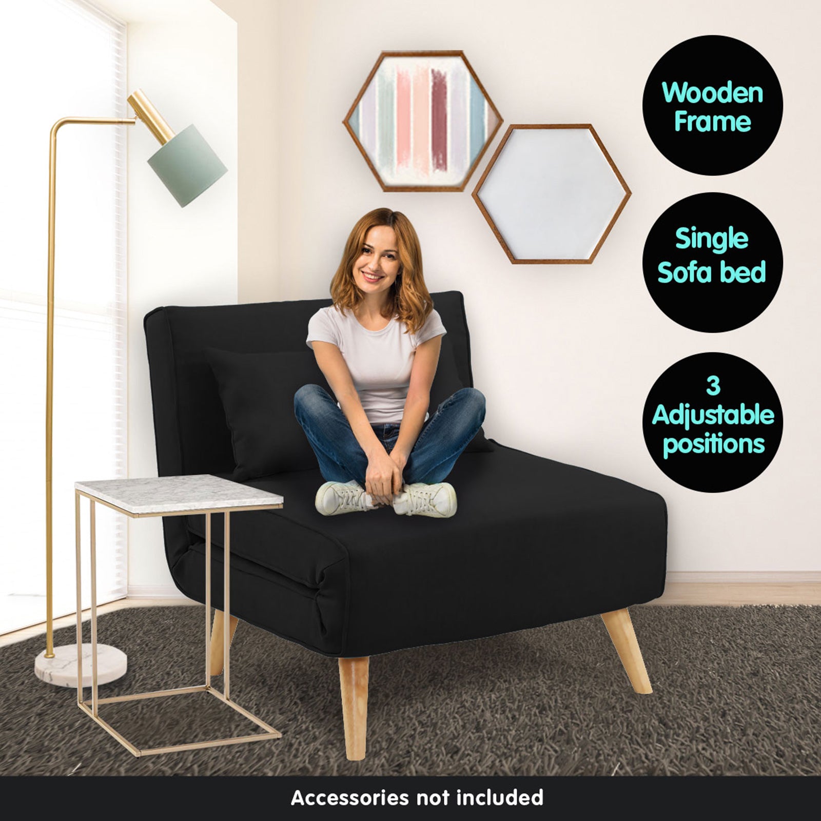 Sarantino Adjustable Chair Single Sofa Bed Faux Velvet - Black - Cosy Abode