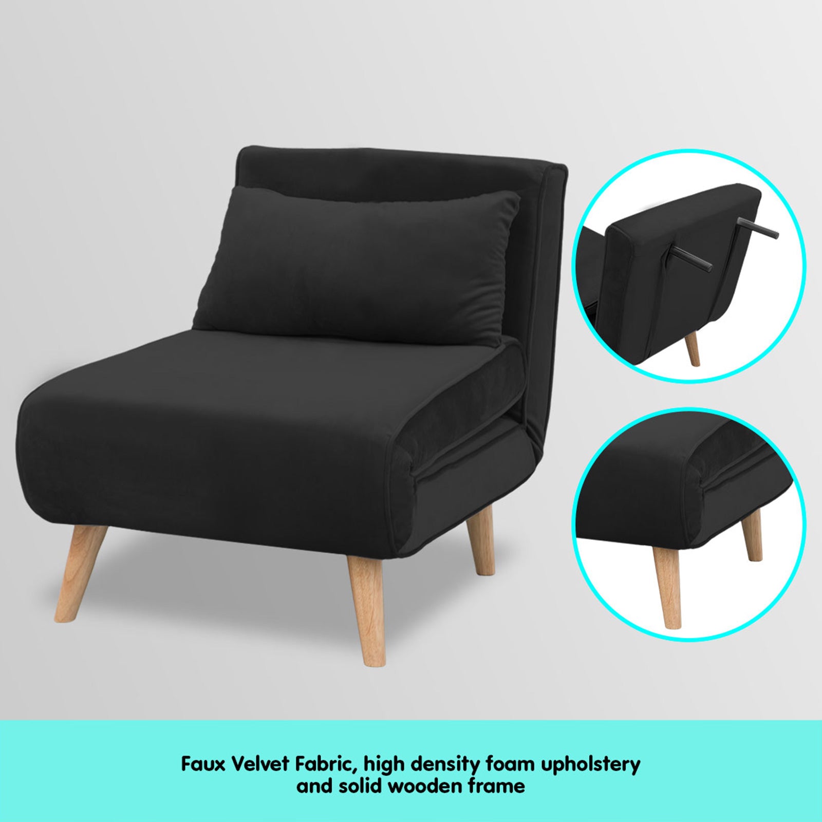 Sarantino Adjustable Chair Single Sofa Bed Faux Velvet - Black - Cosy Abode